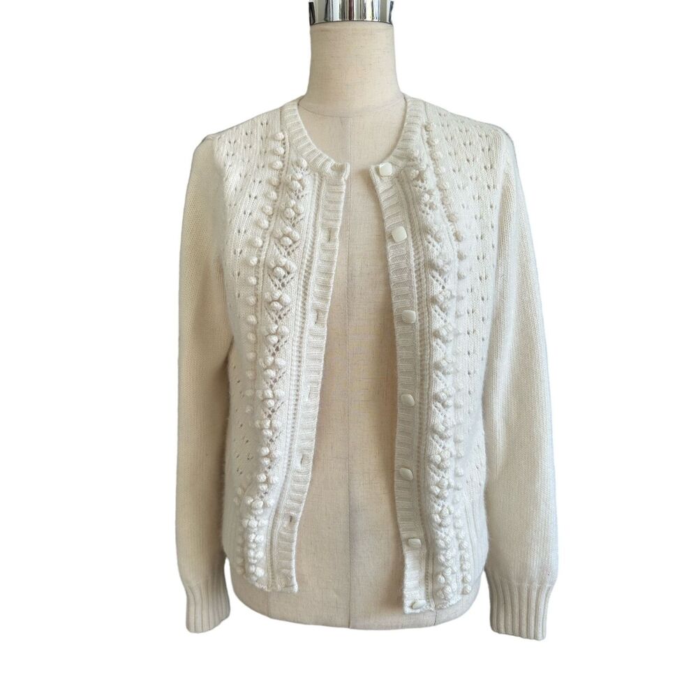 Jillian Jones Women's Cream Cable Knit Chunky Button Cardigan Angora Lambswool L